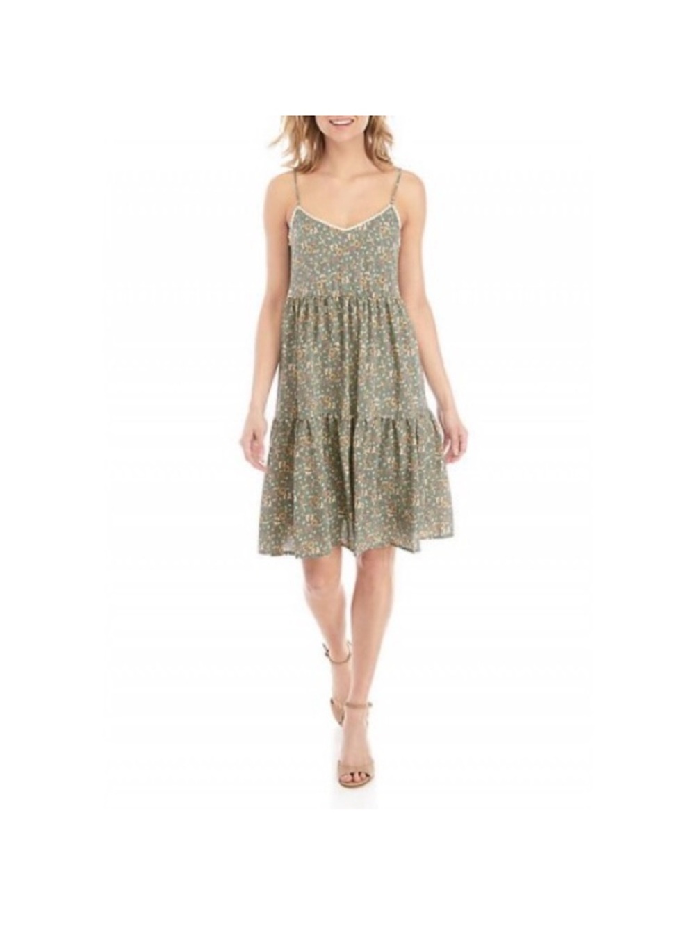 XL june & hudson Olive Green Floral Tiered Spaghetti-Strap Mini Dress